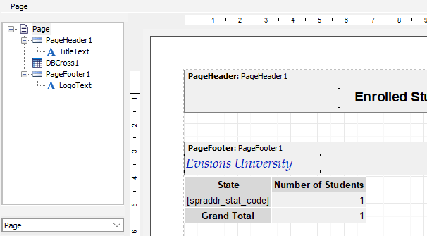 Report tree showing the page containing a page header, crosstab object, and page footer.  The page header has a TitleText object and the page footer has a LogoText object.